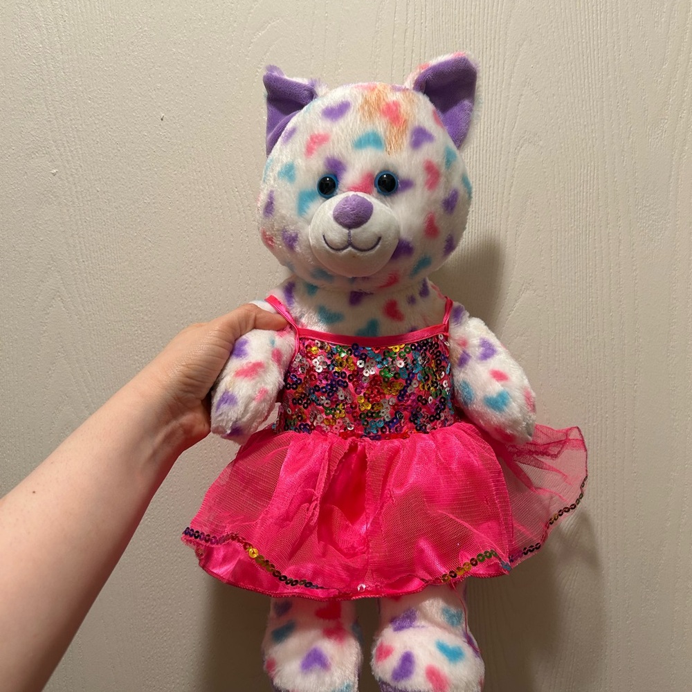 Colorful Plush Cat with Pink Dress